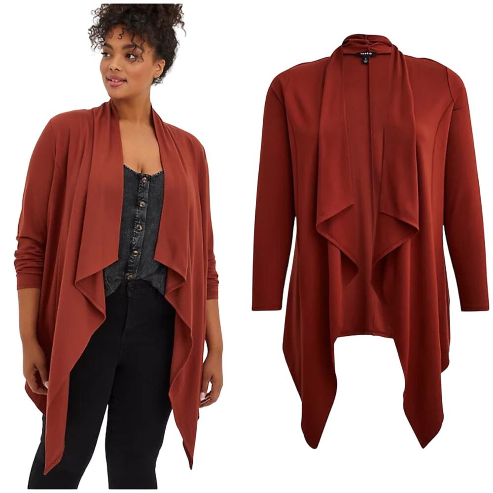 Torrid NWT Brown Ponte Drape Front Kimono Size 1X Long Sleeve Sharkbite Hem